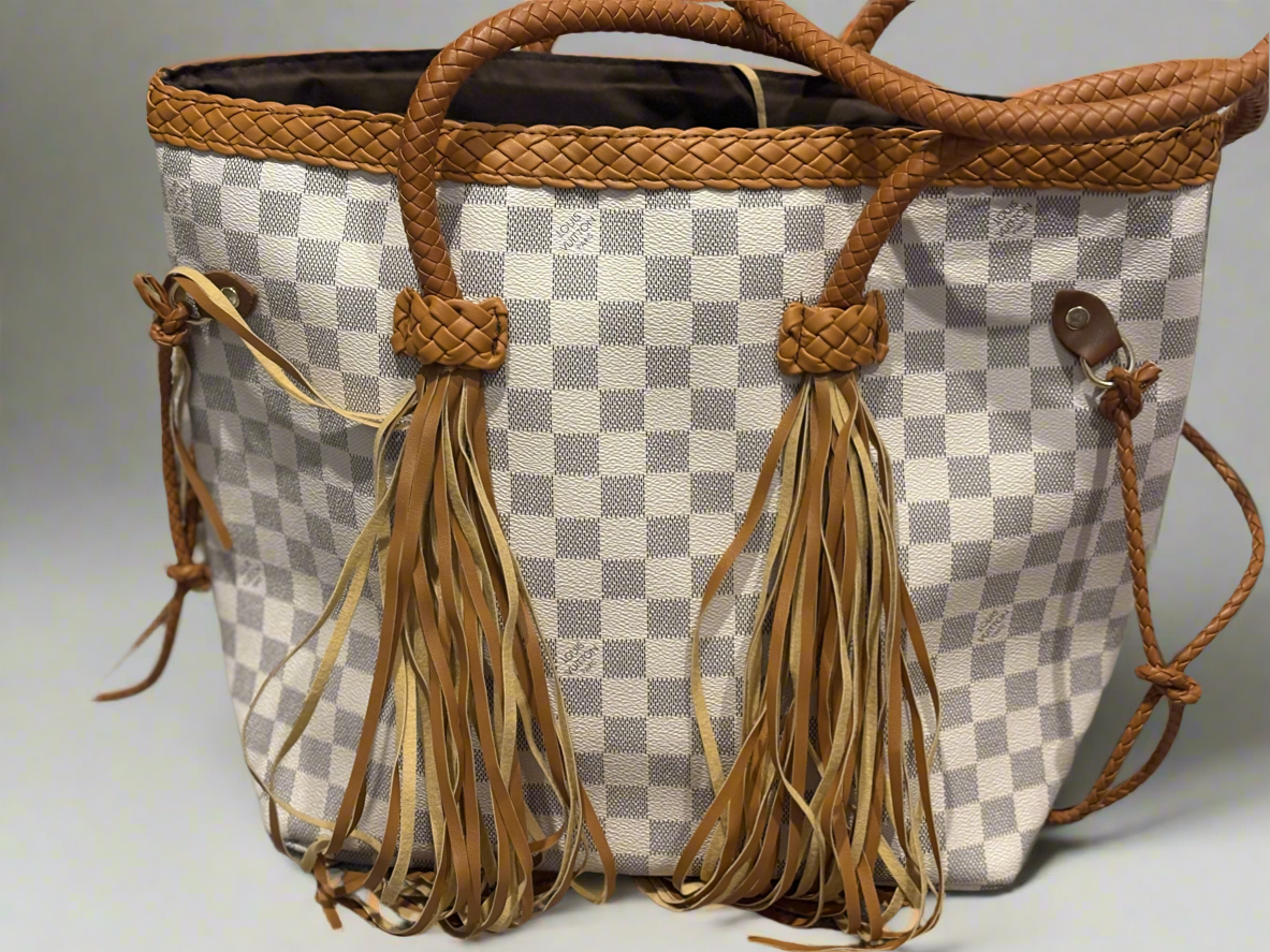 Authentic Louis Vuitton White Damier Azur Neverfull with brown fringe