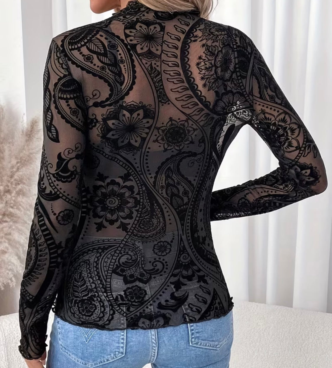 Sheer Black Paisley Mesh Long Sleeve Top