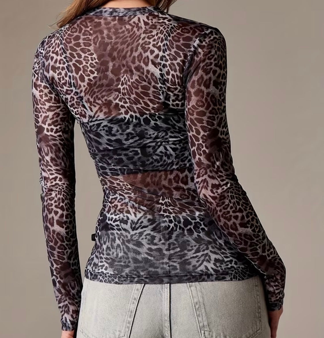 Sheer Leopard Mesh Long Sleeve Top
