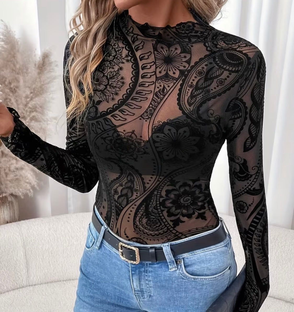 Sheer Black Paisley Mesh Long Sleeve Top