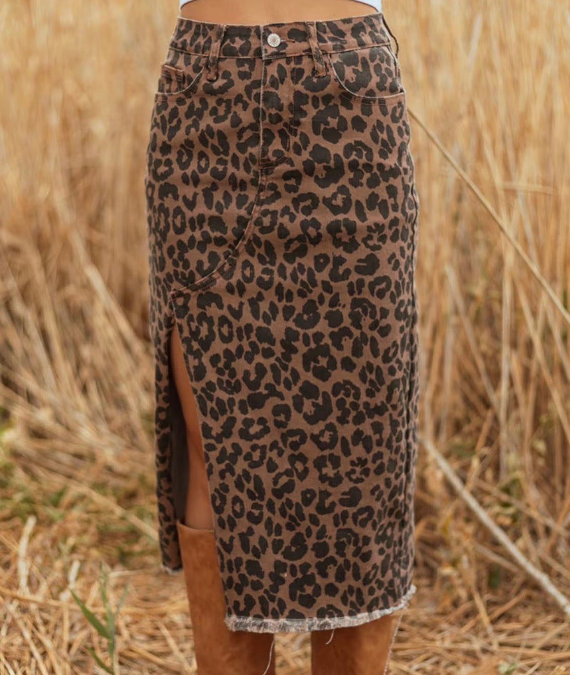 Leopard Print High-Rise Denim Midi Skirt