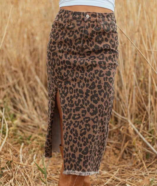 Leopard Print High-Rise Denim Midi Skirt