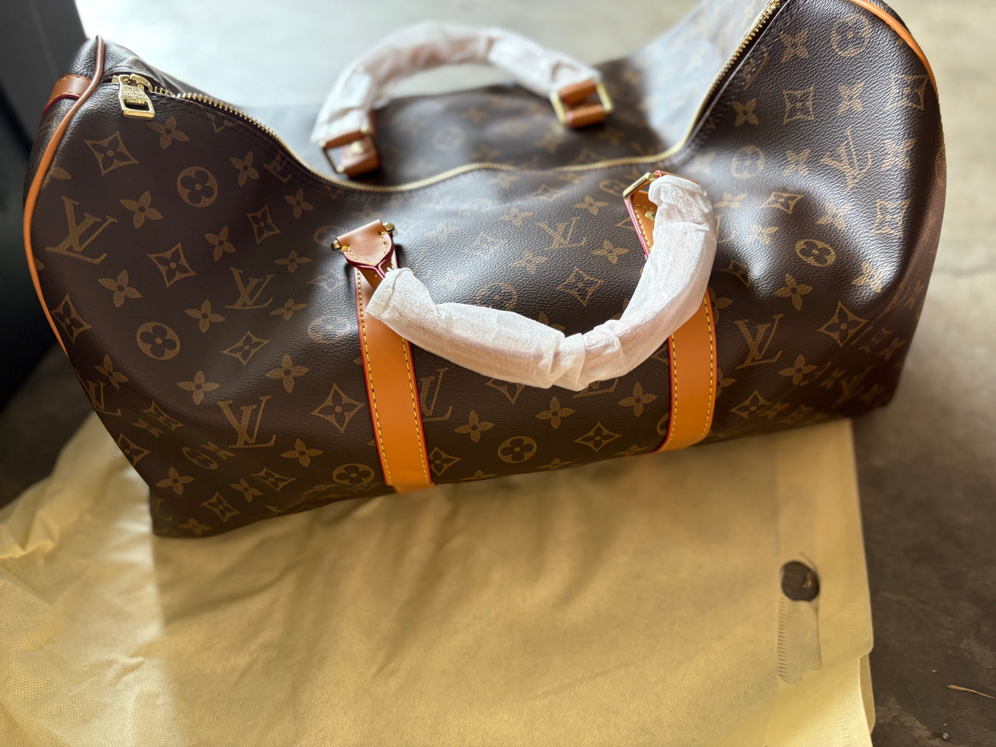 Inspired brown initial duffle