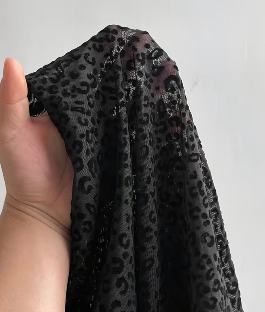 Leopard Flocked Mesh Long-Sleeve Top