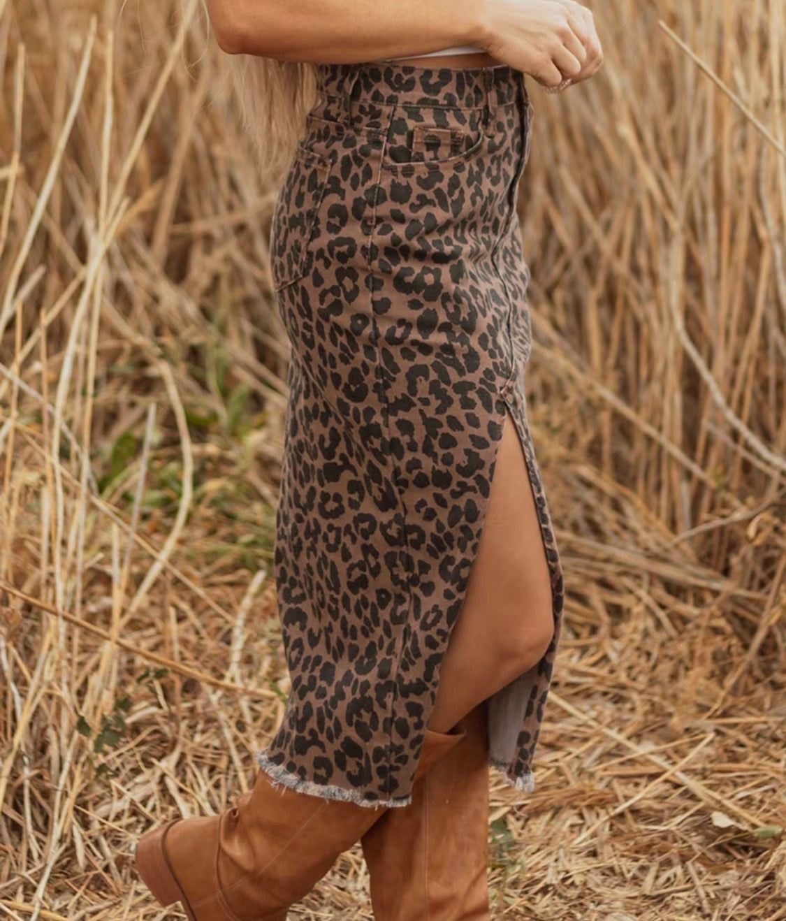 Leopard Print High-Rise Denim Midi Skirt