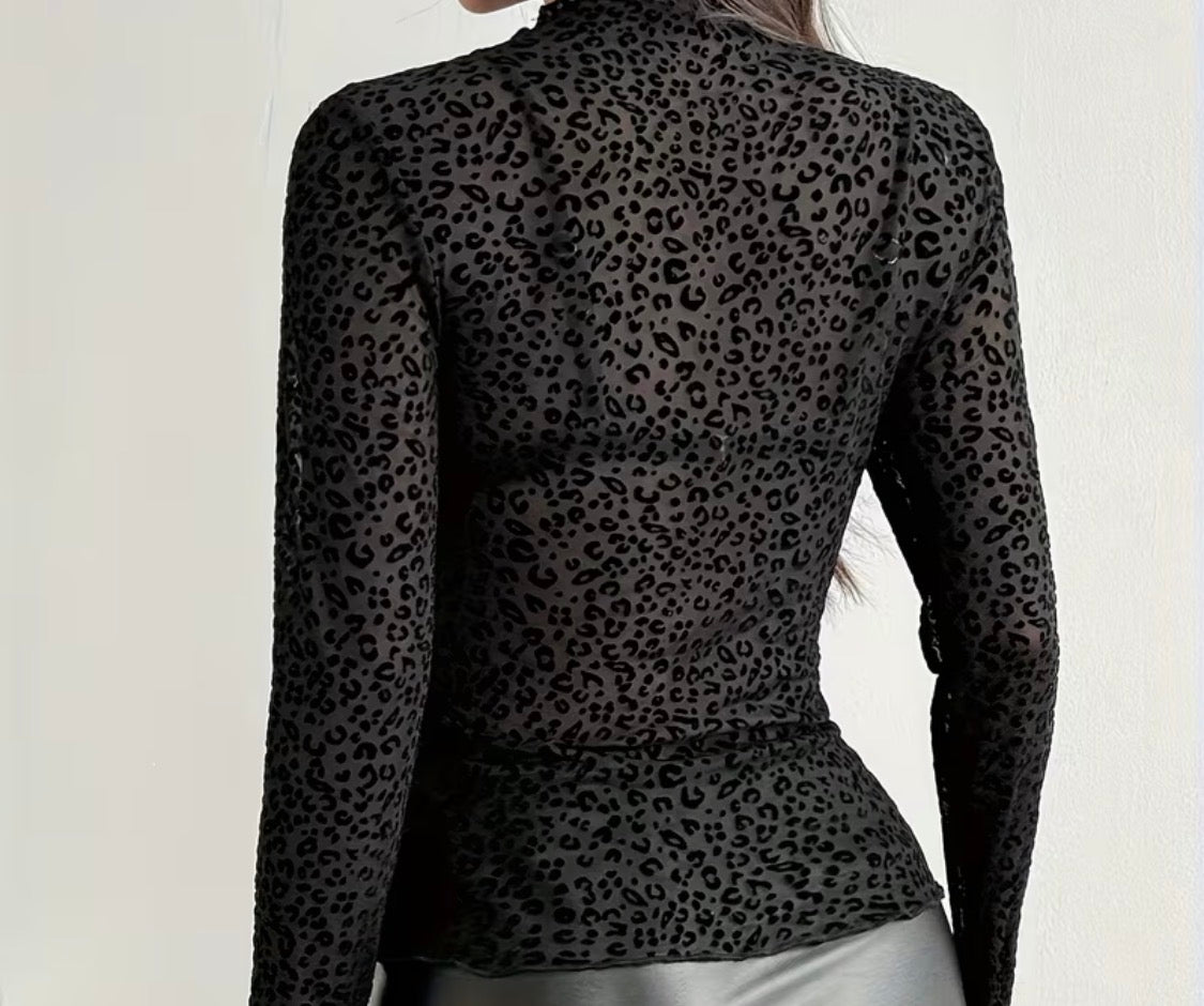Leopard Flocked Mesh Long-Sleeve Top