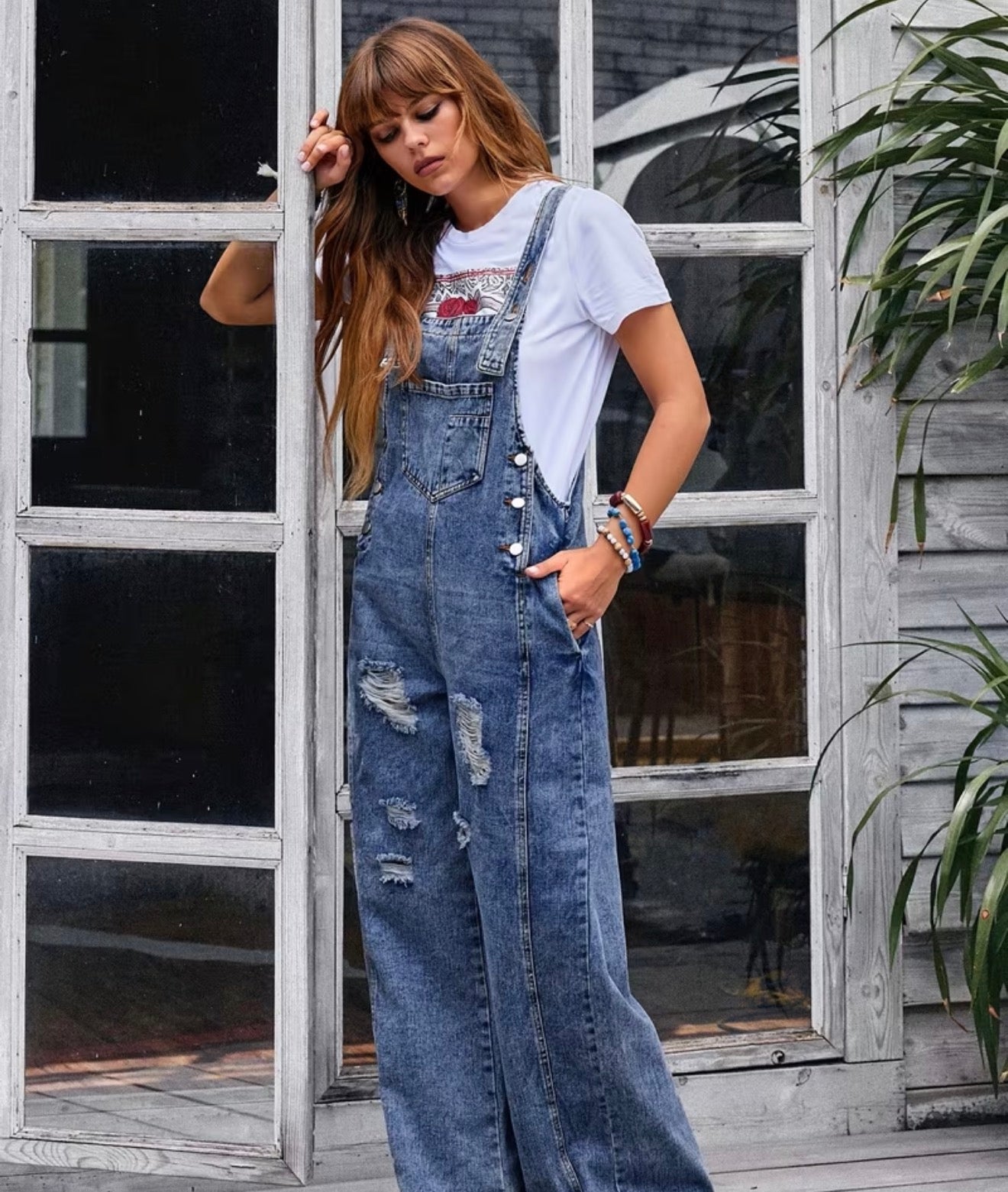 Distressed Wide-Leg Denim Overalls — Effortless Boho Chic
